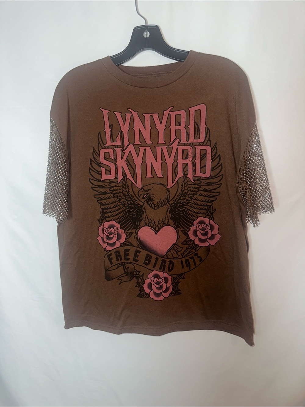 Lynyrd Skynyrd Brown Short Sleeve Graphic Tee with Pink Accents & rhinestone
